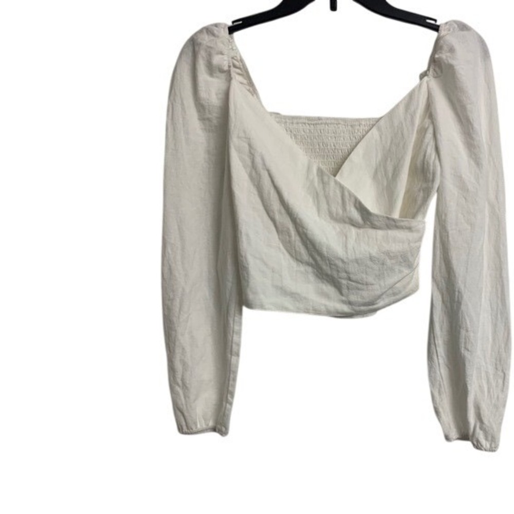 Woman's White Cotton Puff Sleeve Crop Top Coastal Smocked‎ Wrap Blouse